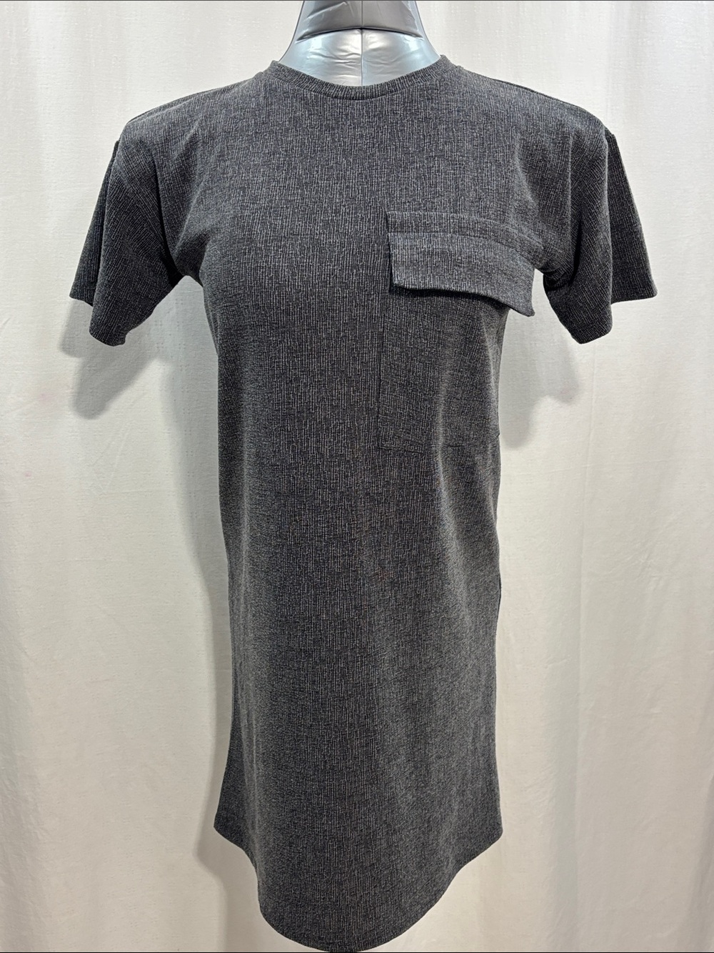 Zara Textured Weave T-Shirt Dress Front Flap Pocket Gray Black 225 comfort work